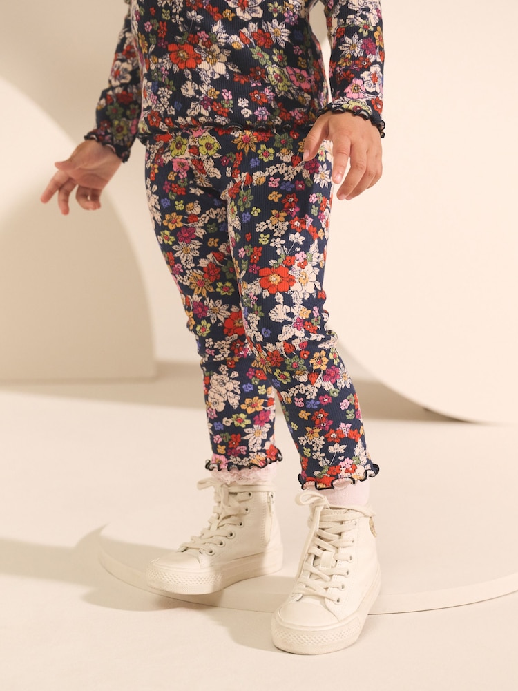 Marineblau mit floralem Muster - Gerippte Leggings (3Monate -7Jahre) - Bild 1 von 8