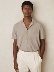 Reiss Mink Brown Ackling Cotton Textured Cuban-Collar Shirt - Image 1 of 6