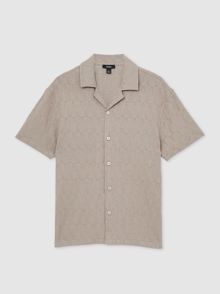 Reiss Mink Brown Ackling Cotton Textured Cuban-Collar Shirt - Image 2 of 6