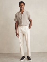 Reiss Mink Brown Ackling Cotton Textured Cuban-Collar Shirt - Image 3 of 6