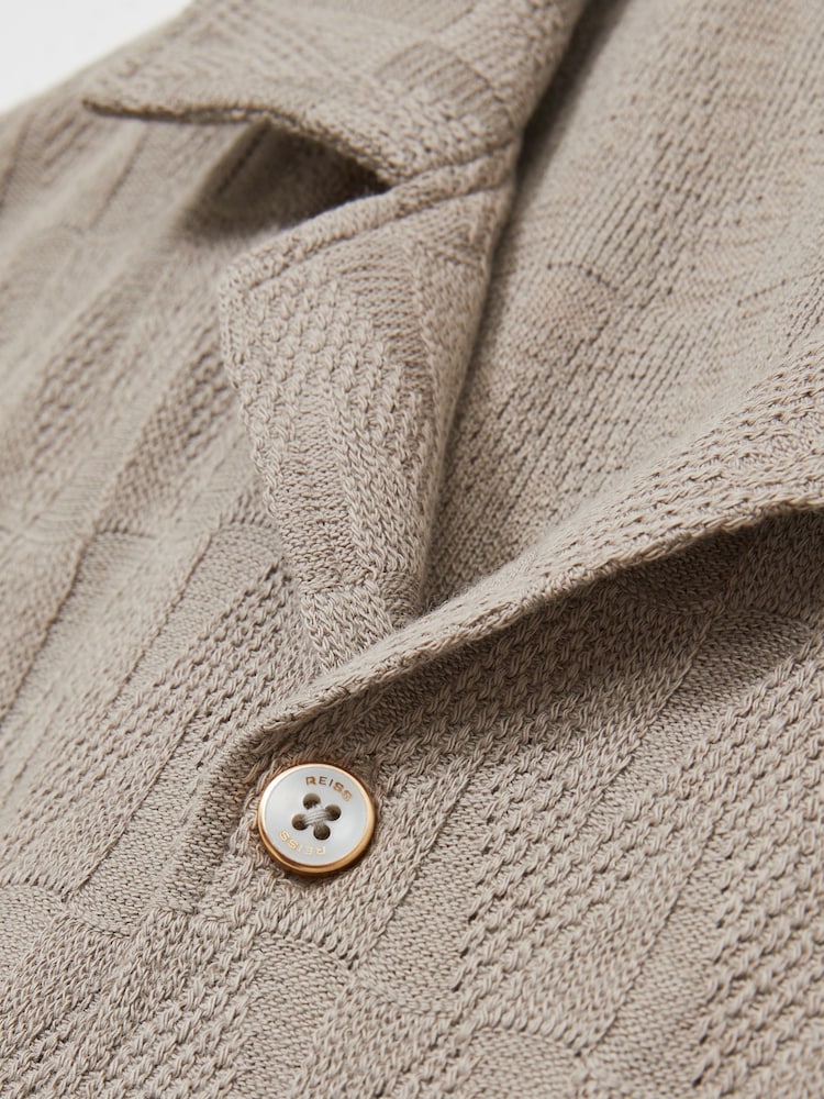 Reiss Mink Brown Ackling Cotton Textured Cuban-Collar Shirt - Image 6 of 6