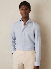 Soft Blue/White Fine Stripe - Льняная рубашка на пуговицах Reiss Ruban - Изображение 4 из 8