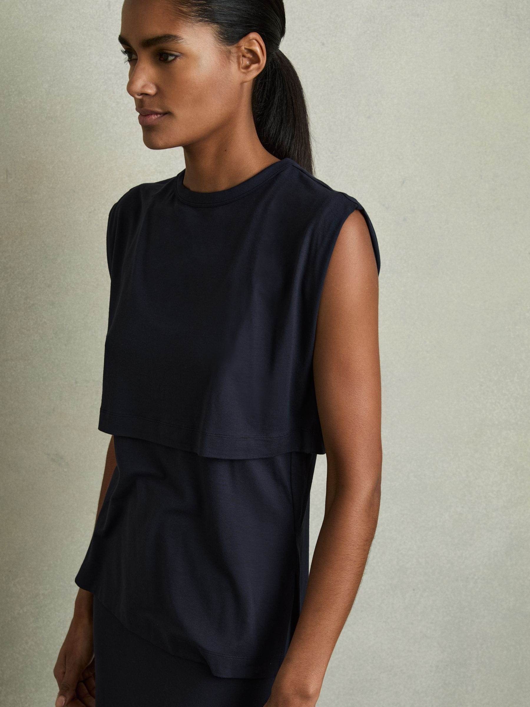 REISS NAVY DOUBLE-LAYER SLEEVELESS TOP
