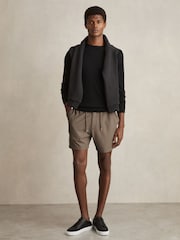 Reiss Mocha Brown Newmark Textured Drawstring Shorts - Image 1 of 6
