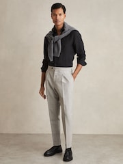 Reiss Soft Grey Melange Tecnic Wool-Linen Check Tapered Trousers - Image 1 of 7