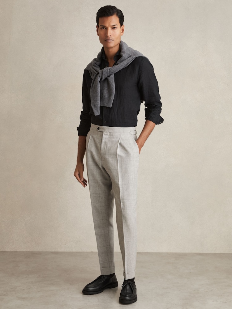 Reiss Soft Grey Melange Tecnic Wool-Linen Check Tapered Trousers - Image 1 of 7