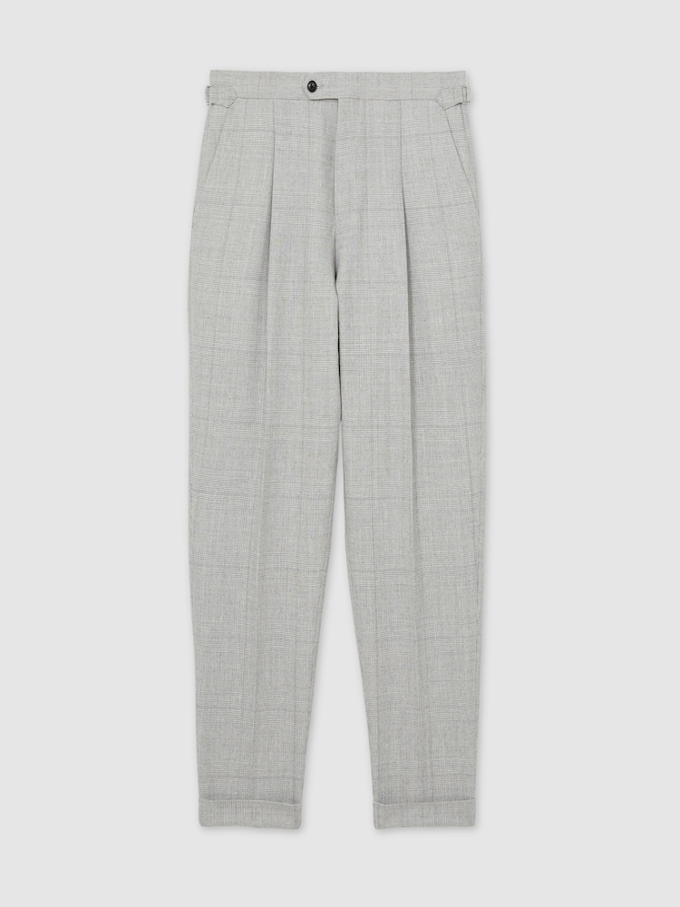 Reiss Soft Grey Melange Tecnic Wool-Linen Check Tapered Trousers - Image 2 of 7