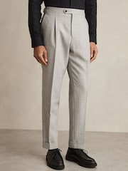 Reiss Soft Grey Melange Tecnic Wool-Linen Check Tapered Trousers - Image 3 of 7