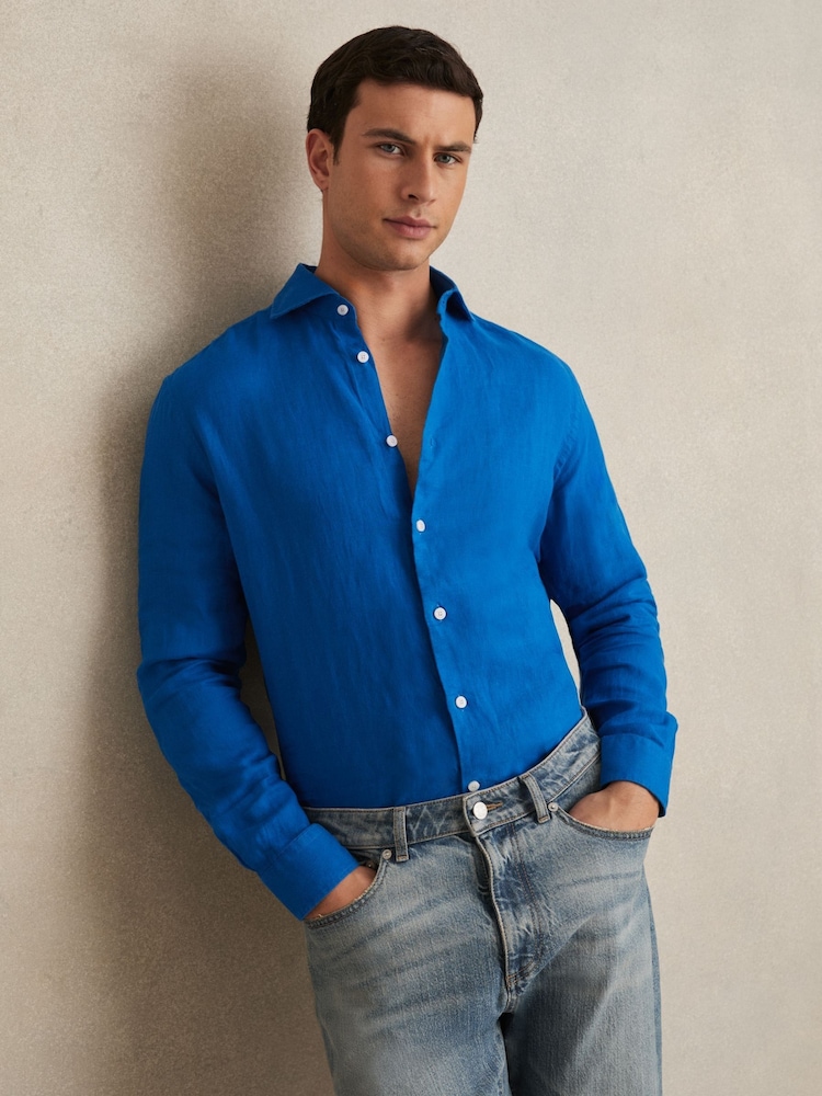 Reiss Bright Blue Ruban Linen Button-Through Shirt - Image 1 of 7 Reiss Bright Blue Ruban Linen Button-Through Shirt - Image 1 of 7