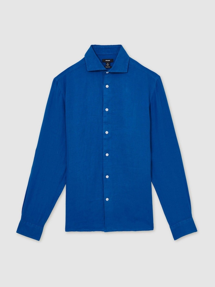 Reiss Bright Blue Ruban Linen Button-Through Shirt - Image 2 of 7 Reiss Bright Blue Ruban Linen Button-Through Shirt - Image 2 of 7