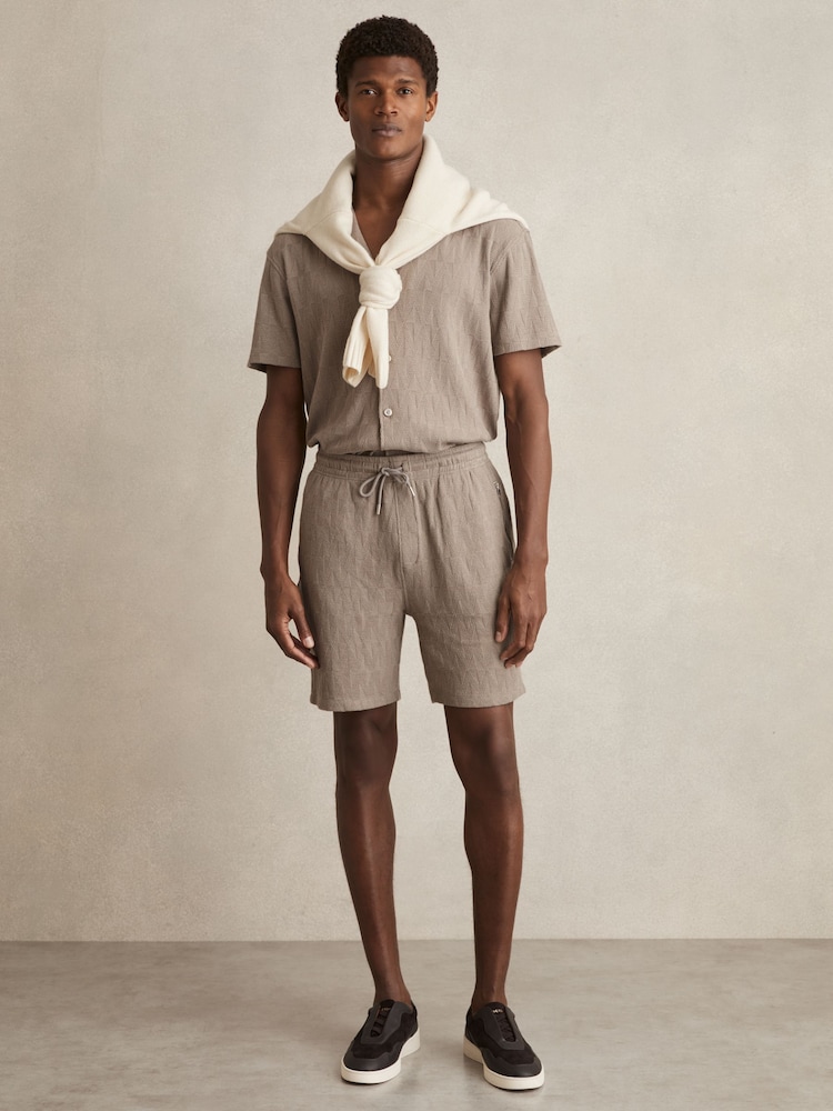 Nertsgrijs/bruin - Reiss Phillimore Cotton Textured Drawstring Shorts - Image 1 of 5