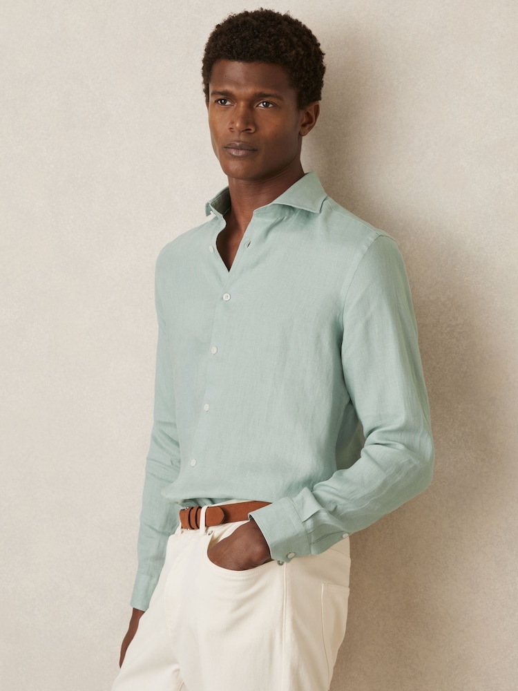 Reiss Ocean Green Ruban Linen Button-Through Shirt - Image 1 of 7 Reiss Ocean Green Ruban Linen Button-Through Shirt - Image 1 of 7