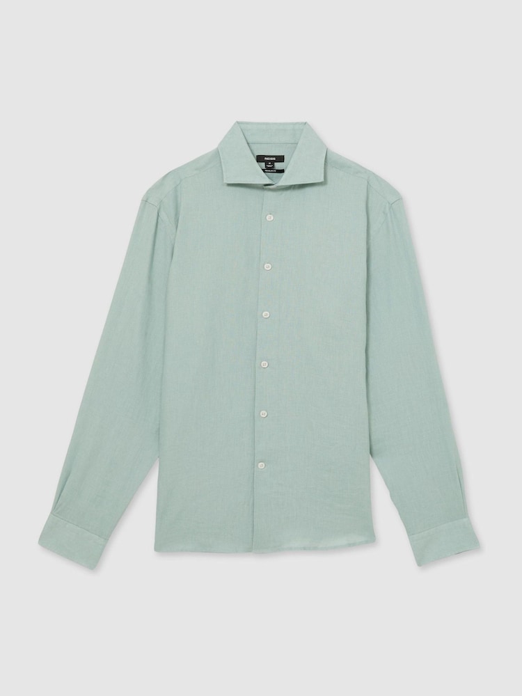 Reiss Ocean Green Ruban Linen Button-Through Shirt - Image 2 of 7 Reiss Ocean Green Ruban Linen Button-Through Shirt - Image 2 of 7