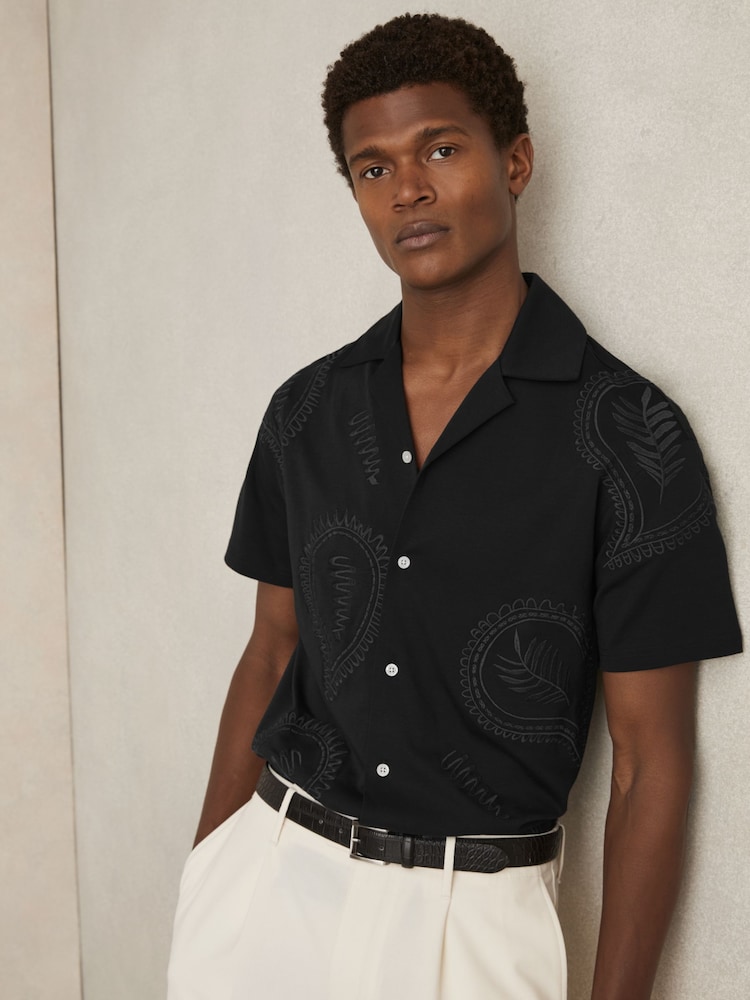 Reiss Black Stockwell Cotton Paisley-Embroidered Shirt - Image 1 of 6
