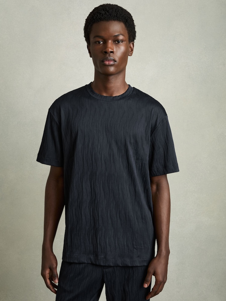 Reiss Navy Ivan Oversized Wave-Jacquard T-Shirt - Image 1 of 6