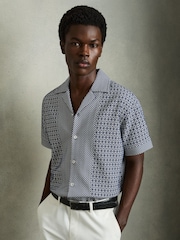 Reiss Navy/White Matisse Geometric-Jacquard Cuban-Collar Shirt - Image 1 of 6