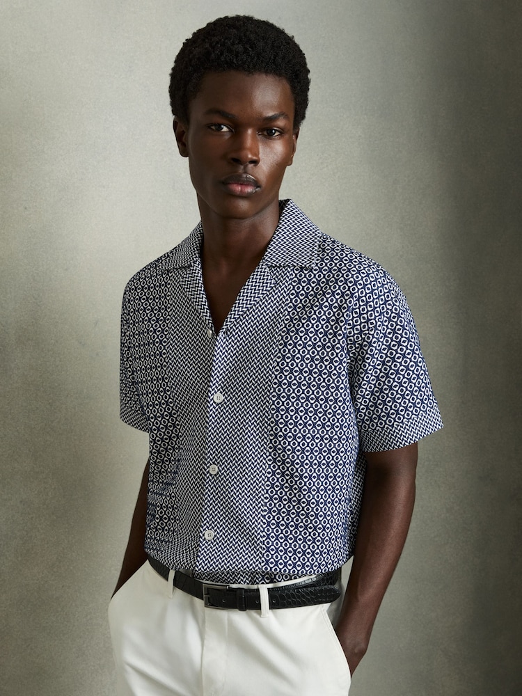 Reiss Navy/White Matisse Geometric-Jacquard Cuban-Collar Shirt - Image 1 of 6