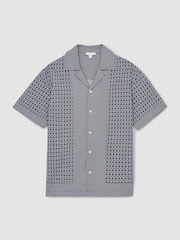 Reiss Navy/White Matisse Geometric-Jacquard Cuban-Collar Shirt - Image 2 of 6