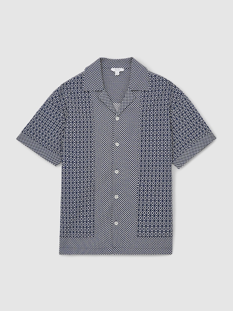 Reiss Navy/White Matisse Geometric-Jacquard Cuban-Collar Shirt - Image 2 of 6