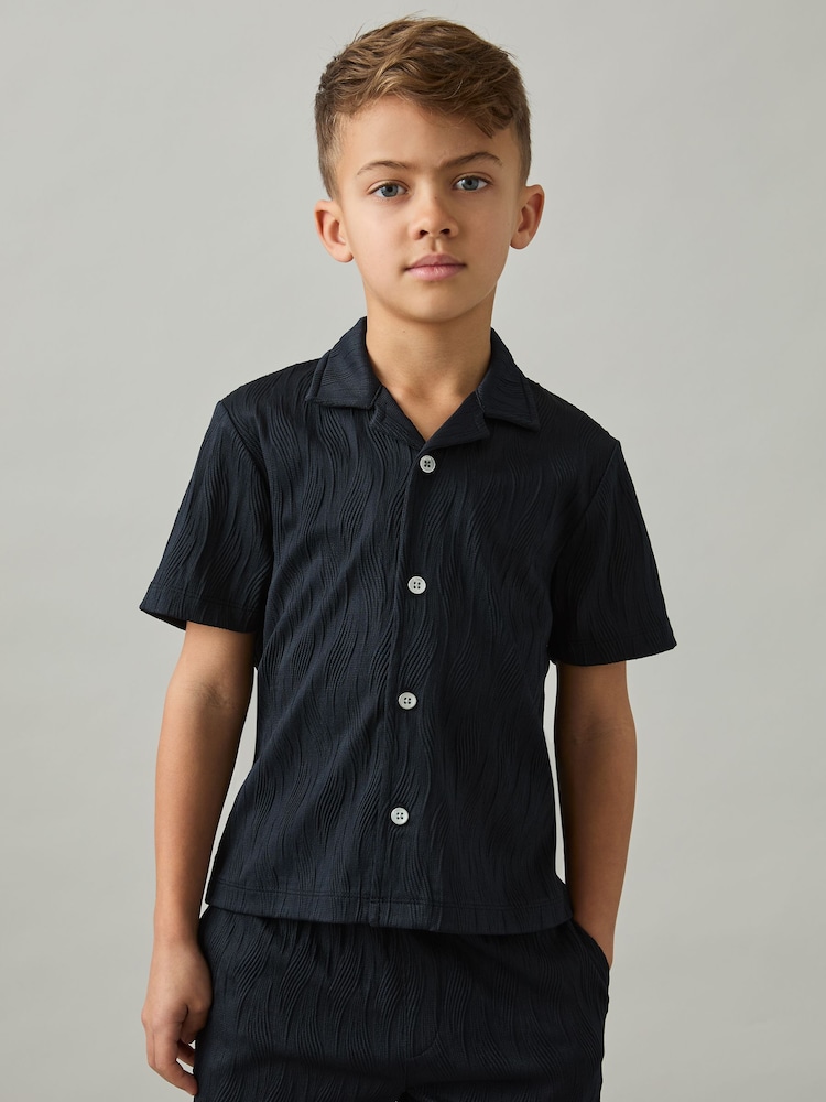 Reiss Navy Elio 13-14 yrs Wave Jacquard Cuban Collar Shirt - Image 2 of 5