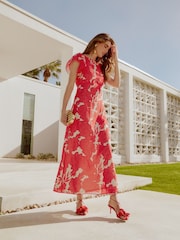 Friends Like These Red Floral Petite Flutter Sleeve Empire Midi Dress - Image 1 of 5