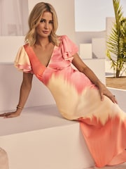 Friends Like These Pink Ombre Ombre Millie Mackintosh Satin V-Neck Ruffle Sleeve Midi Dress - Image 1 of 4