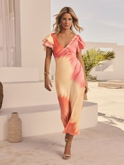 Friends Like These Pink Ombre Ombre Millie Mackintosh Satin V-Neck Ruffle Sleeve Midi Dress - Image 3 of 4