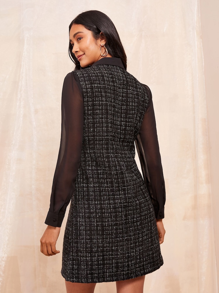 Friends Like These Black Long Sleeve Chiffon Boucle Mini Dress - Image 2 of 4