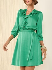 Friends Like These Green Satin Frill 3/4 Sleeve Mini Dress - Image 1 of 5