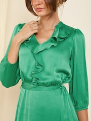 Friends Like These Green Satin Frill 3/4 Sleeve Mini Dress - Image 3 of 5