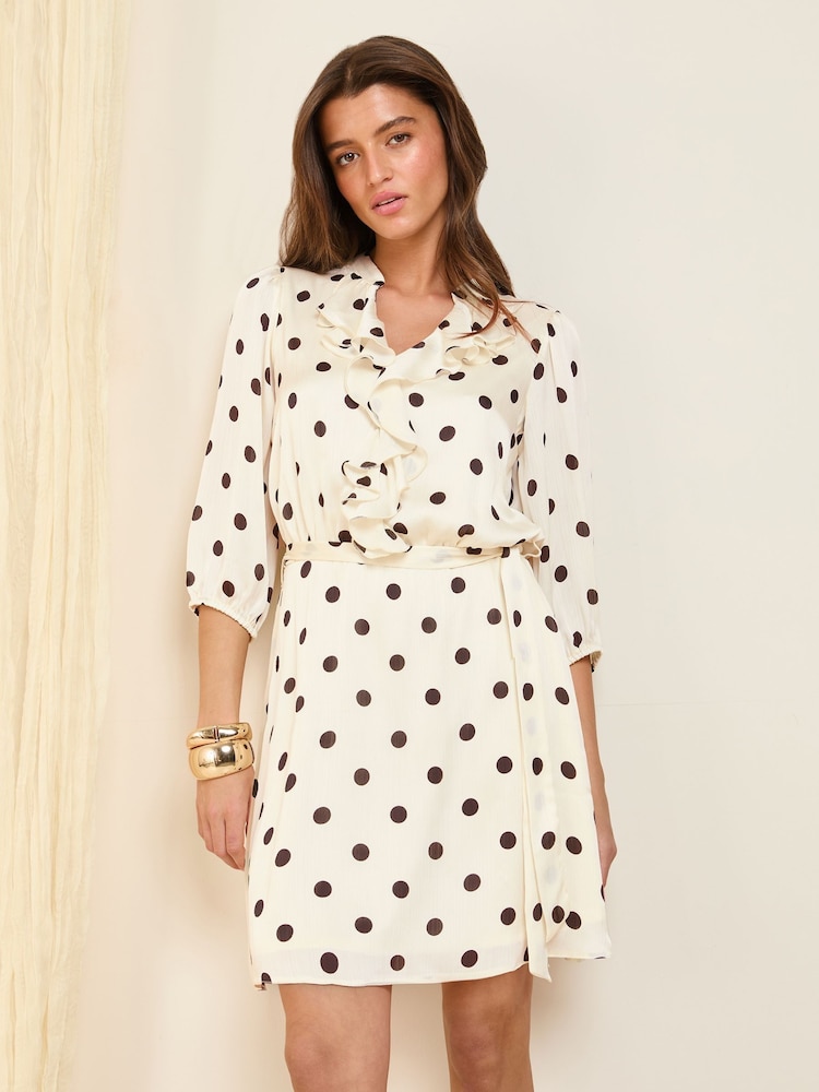 Friends Like These Cream Spot Satin Frill 3/4 Sleeve Mini Dress - Image 2 of 5 Friends Like These Cream Spot Satin Frill 3/4 Sleeve Mini Dress - Image 2 of 5
