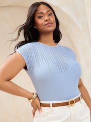 Lipsy Blue Curve Sheer Yoke Metallic Sparkle Rib Short Sleeve Knit Top - Image 1 of 4
