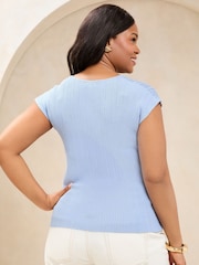 Lipsy Blue Curve Sheer Yoke Metallic Sparkle Rib Short Sleeve Knit Top - Image 2 of 4