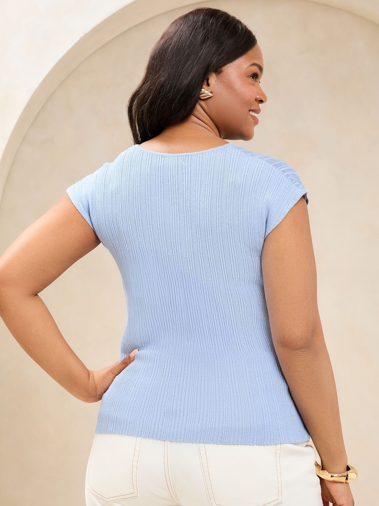 Lipsy Blue Curve Sheer Yoke Metallic Sparkle Rib Short Sleeve Knit Top - Image 2 of 4