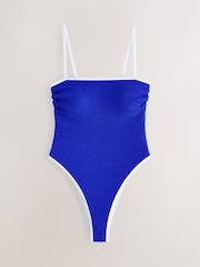self. Blue Contrast Bind High Leg Brazilian Bandeau Tummy Control Swimsuit - Image 1 of 4