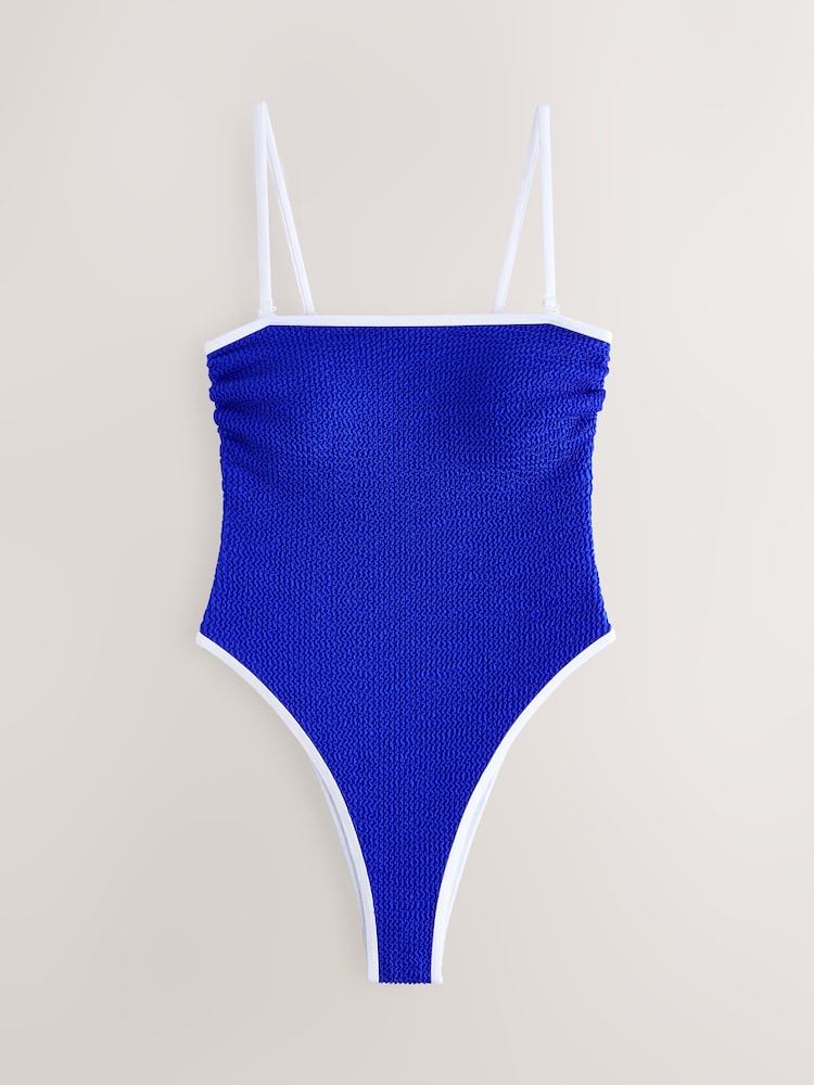 self. Blue Contrast Bind High Leg Brazilian Bandeau Tummy Control Swimsuit - Image 1 of 4