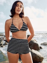 self. Black/White Crinkle Stripe Cheeky Swim Shorts - Image 1 of 5
