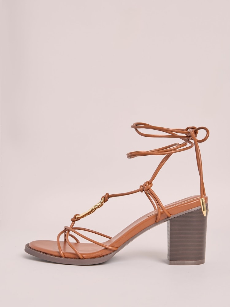 Friends Like These Brown Millie Mackintosh Ring Detail Ankle Tie Comfort Faux Leather Mid Block Heel Sandals - Image 5 of 5