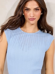 Lipsy Blue Sheer Yoke Metallic Sparkle Rib Short Sleeve Knit Top - Image 1 of 4