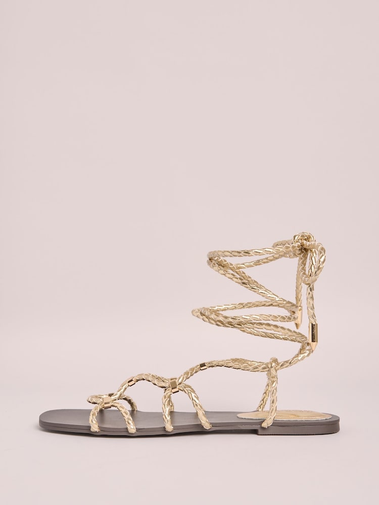 Friends Like These Gold Millie Mackintosh Plait Ankle Tie Adjustable Faux Leather Flat Sandals - Image 5 of 5