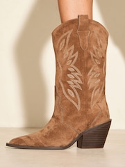 Friends Like These Neutral Millie Mackintosh Embroidered Western Cowboy Faux Suede Boots - Image 4 of 6