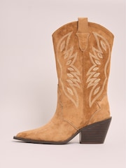 Friends Like These Neutral Millie Mackintosh Embroidered Western Cowboy Faux Suede Boots - Image 6 of 6