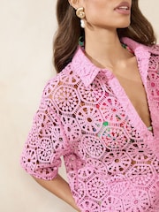 Lipsy Lilac Purple Cropped Crochet Cover-Up Beach Shirt - Image 2 of 5