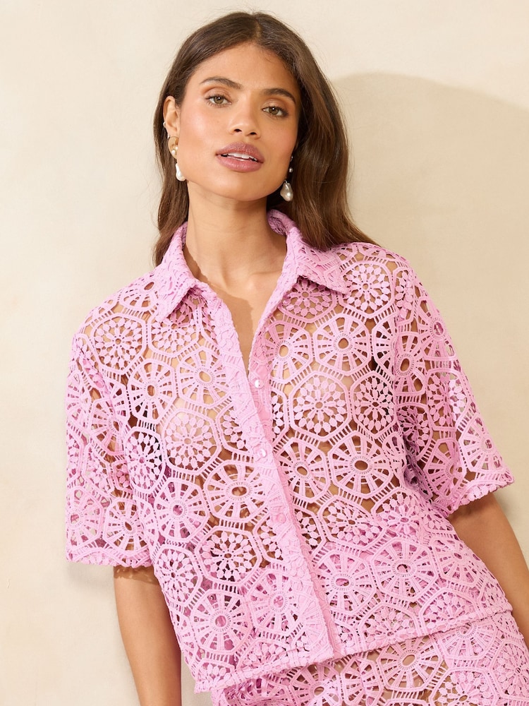 Lipsy Lilac Purple Cropped Crochet Cover-Up Beach Shirt - Image 5 of 5