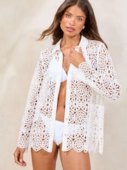 Lipsy White Longline Chochet Cover-Up Beach Shirt - Image 1 of 4