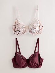 Cream Floral & Berry 2 Pack DD+ Non Pad Wired Full Cup Microfibre Lace Bra - Image 1 of 4