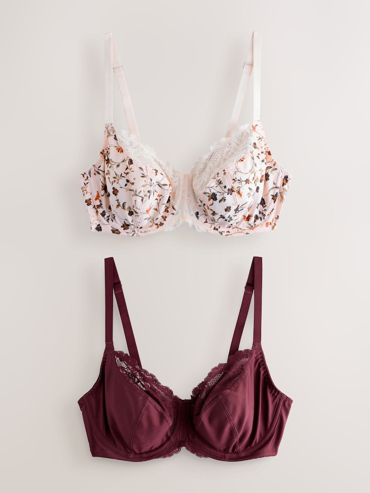 Cream Floral & Berry 2 Pack DD+ Non Pad Wired Full Cup Microfibre Lace Bra - Image 1 of 4 Cream Floral & Berry 2 Pack DD+ Non Pad Wired Full Cup Microfibre Lace Bra - Image 1 of 4