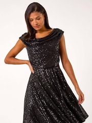 Roman Black Sequin Cowl Neck Stretch Midi Dress - Image 1 of 5