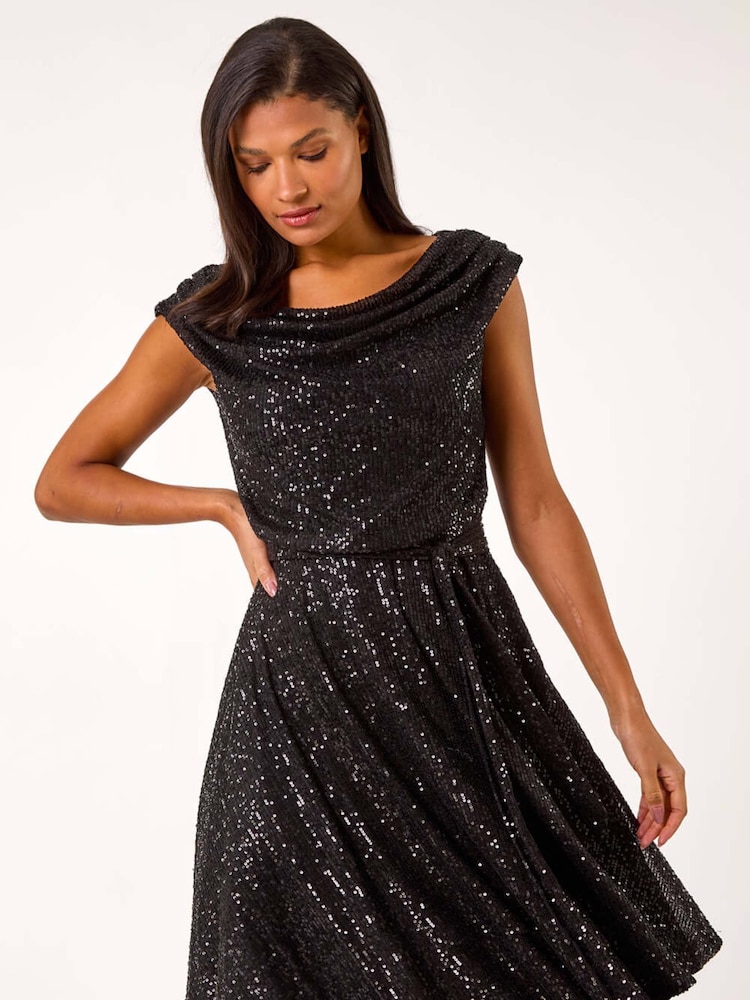 Roman Black Sequin Cowl Neck Stretch Midi Dress - Image 1 of 5