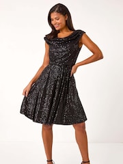 Roman Black Sequin Cowl Neck Stretch Midi Dress - Image 3 of 5